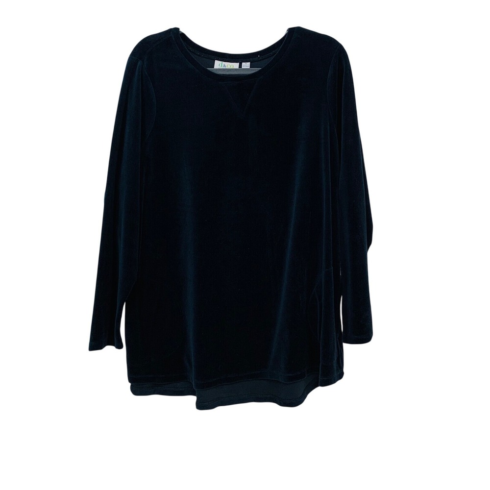 Denim Co Black Velour Top Tunic Woman 1X Long Sleeve Pockets Hi Low Boho Goth